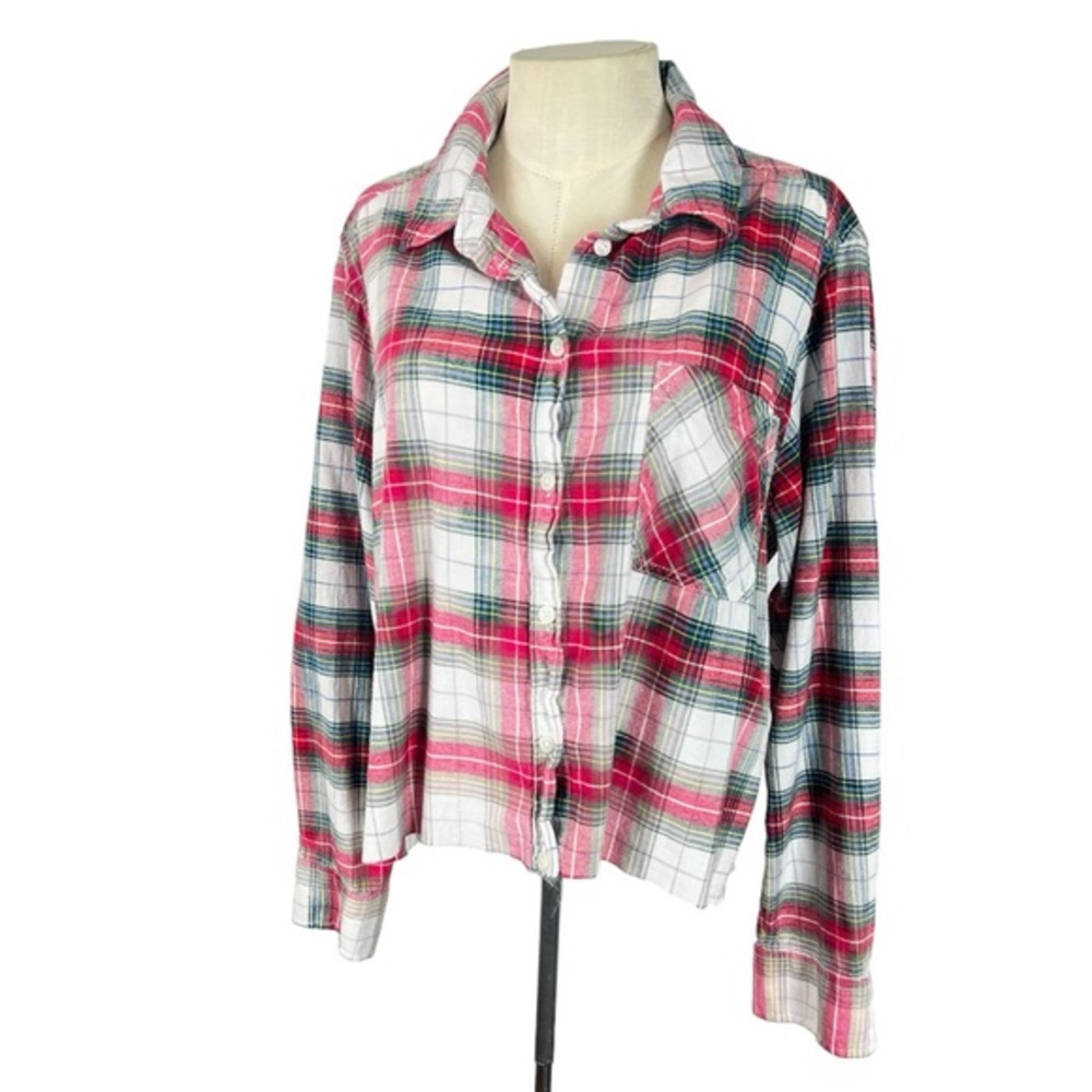 Upcycled cropped flannel shirt Womens XL lightly bleached SO soft - Picture 1 of 6